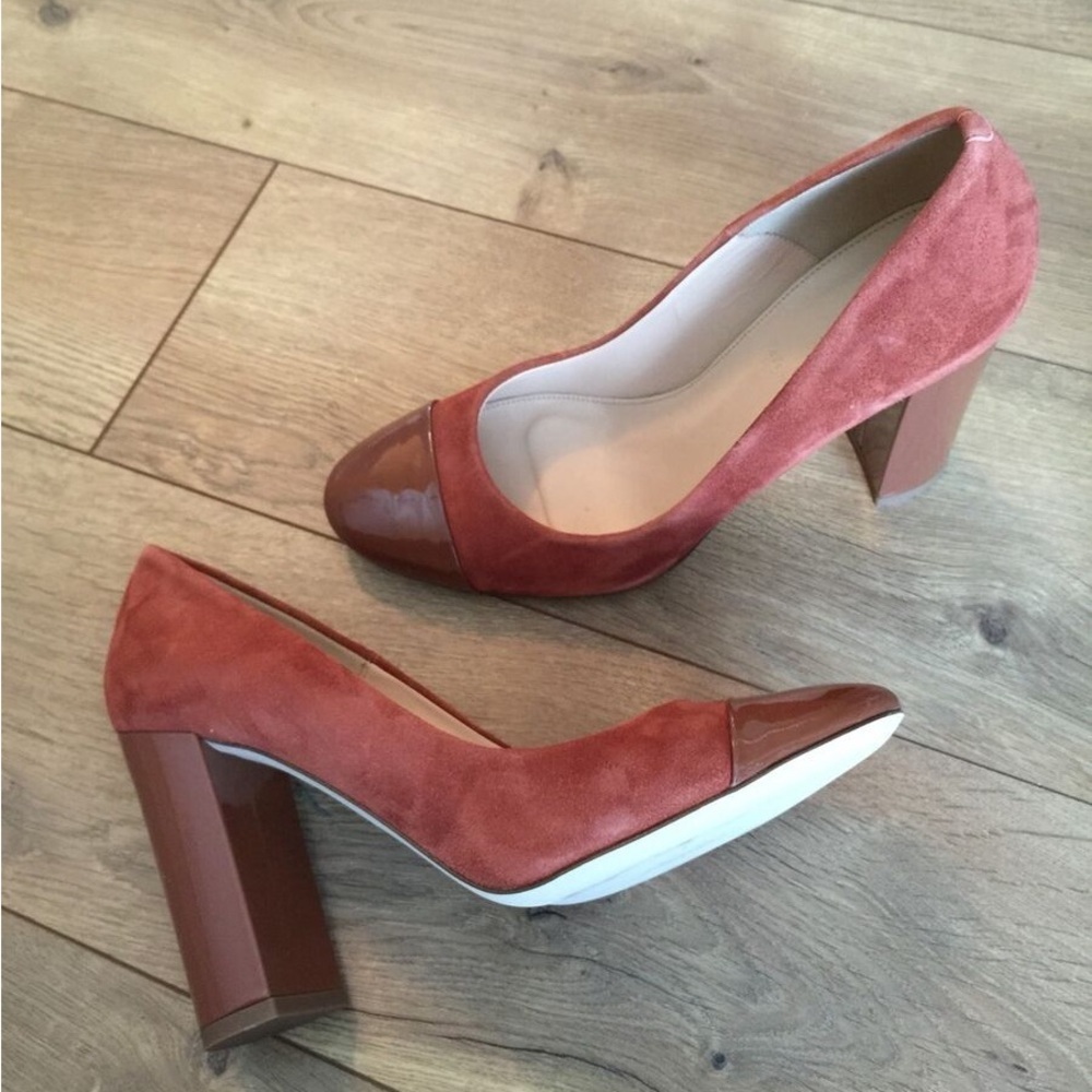 New JCrew Lena Suede Pumps Satin Cap Toe $258 8 heel f5588 dark cognac